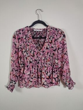 Zara Veronica Floral Smocked V-Neck Balloon Sleeve Peplum Blouse Pink Black XS